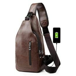 Men Chest Bag PU Leather Sling Fanny Pack Shoulder Backpack w USB Charging Port